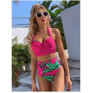 SHEIN Swim Vcay Tropical Print Bikini Set 2 Piece Swimsuit Hot Pink and Green
